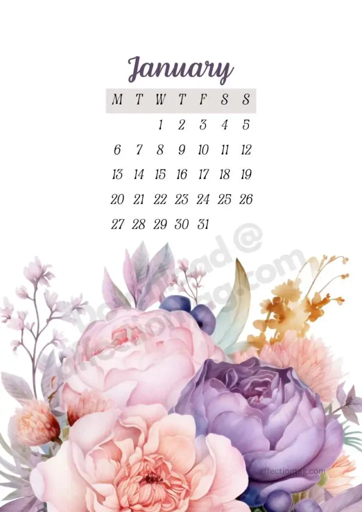 A beautiful floral arrangement featuring pink peonies, violet roses, and subtle greenery, elegantly framing the January calendar. ©affectiontag.com