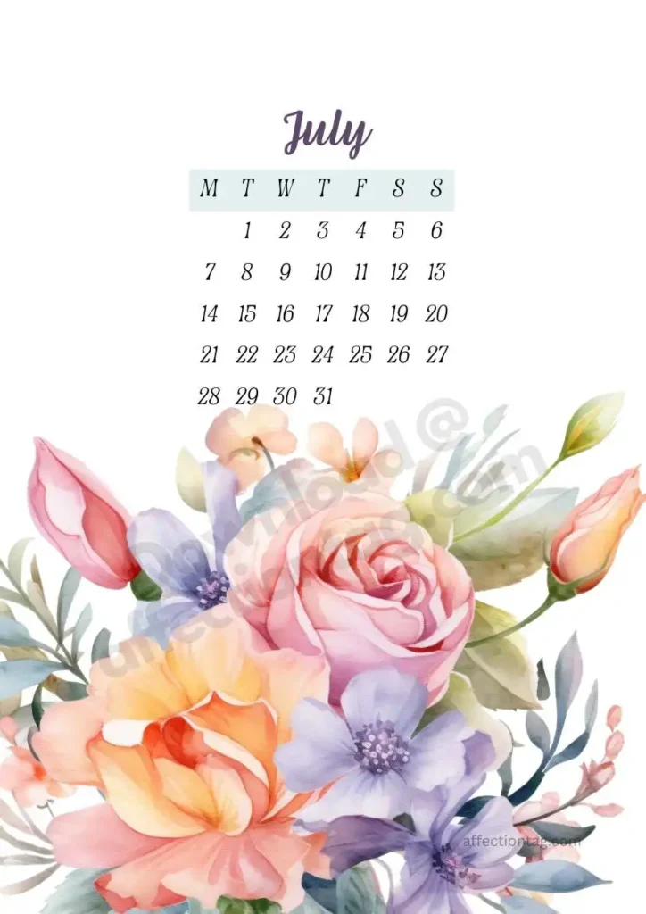 2025 Year of Flowers Calendar featuring vibrant blooms in shades of pink, orange, and purple. Elegant floral design for July with a minimalistic date layout. ©affectiontag.com