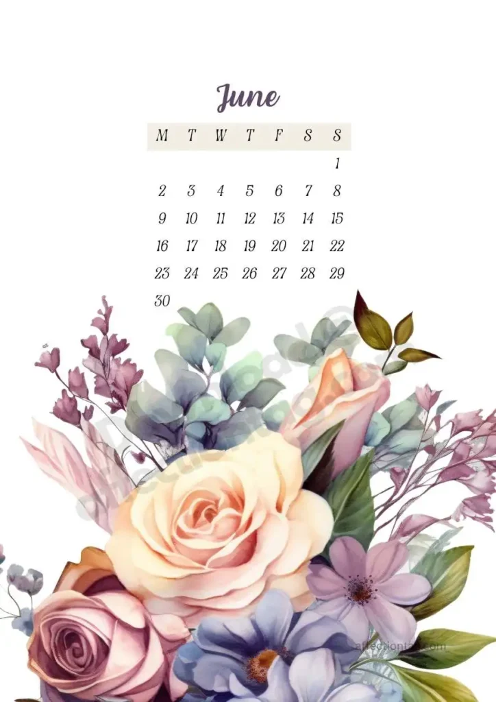 2025 Year of Flowers Calendar showcasing delicate roses and eucalyptus in soft pastel hues. Sophisticated floral artwork for June 2025 Year of Flowers Calendar. ©affectiontag.com