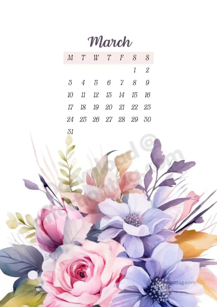 Soft pink roses and blue anemones with lush leaves surrounding the March calendar, exuding spring vibes. ©affectiontag.com