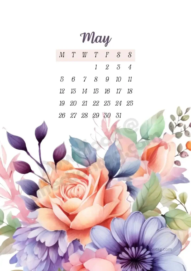 Bold and lively florals featuring orange roses, purple asters, and green leaves framing the May 2025 Year of Flowers Calendar. ©affectiontag.com