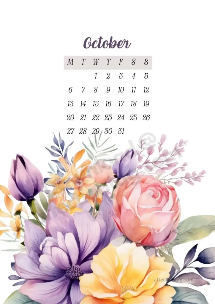 Vibrant tulips, yellow roses, and subtle purple blossoms radiating autumn warmth around the October calendar. ©affectiontag.com
