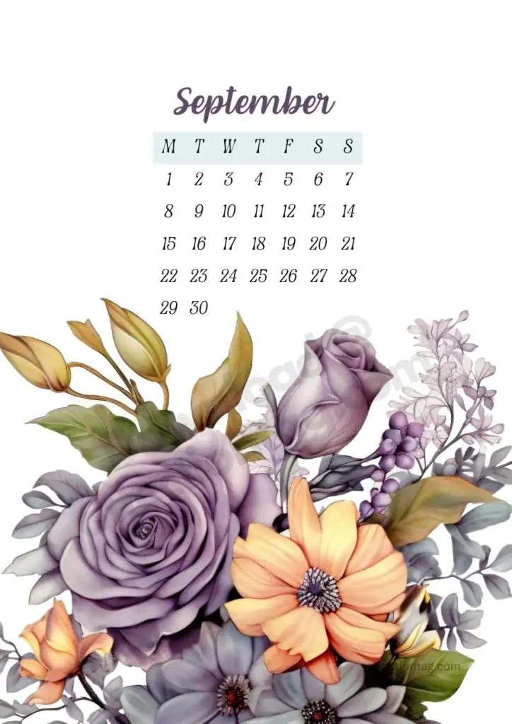 2025 Year of Flowers Calendar featuring a stunning floral arrangement of purple roses, peach blossoms, and lush greenery. Elegant design for September with a clean and minimalistic date layout. ©affectiontag.com