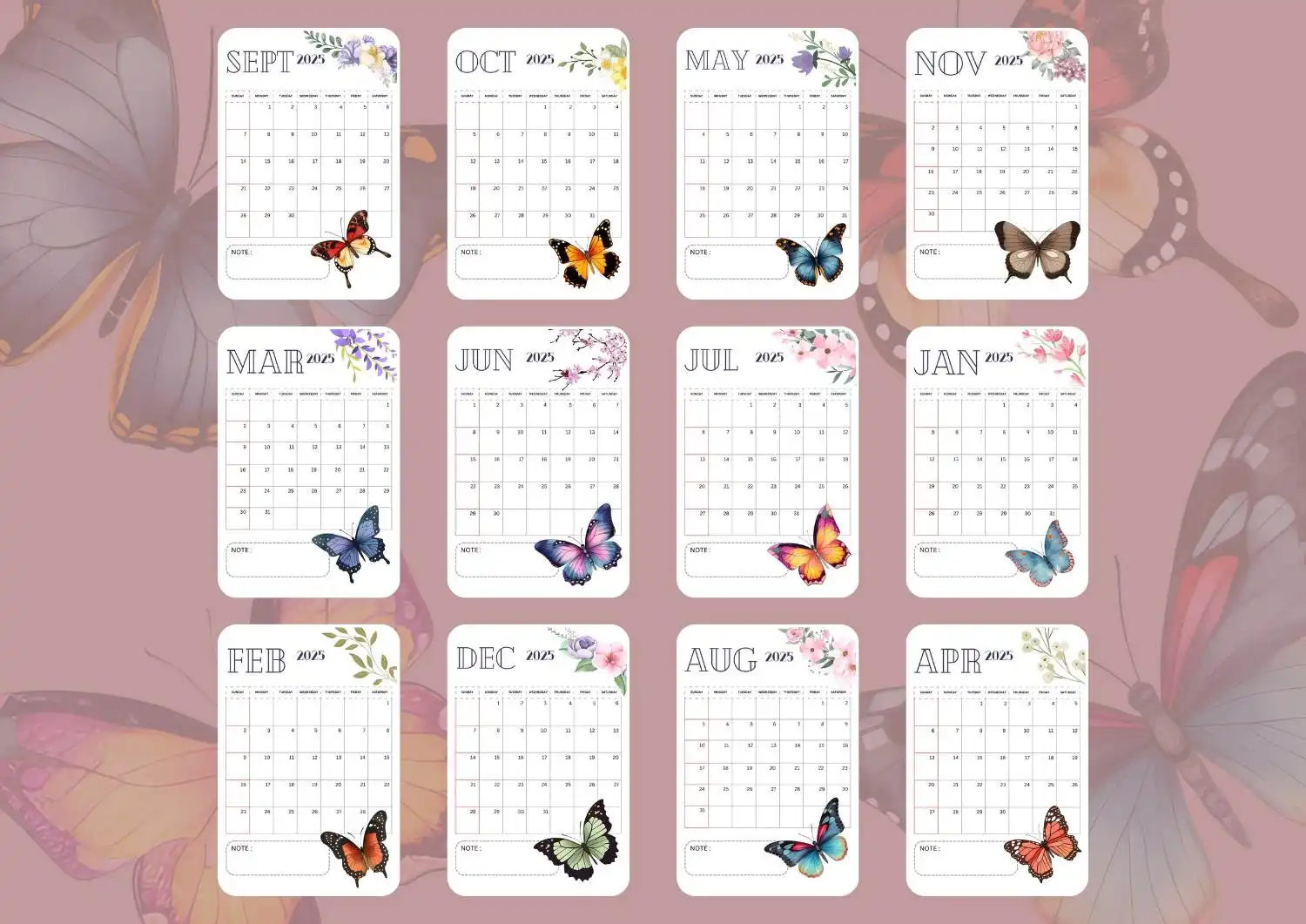 Free 2025 Butterfly Calendar: A beautifully designed calendar featuring delicate butterfly illustrations paired with floral accents for each month of 2025. Perfect for nature lovers, this calendar offers an elegant way to organize your year with a charming butterfly theme.