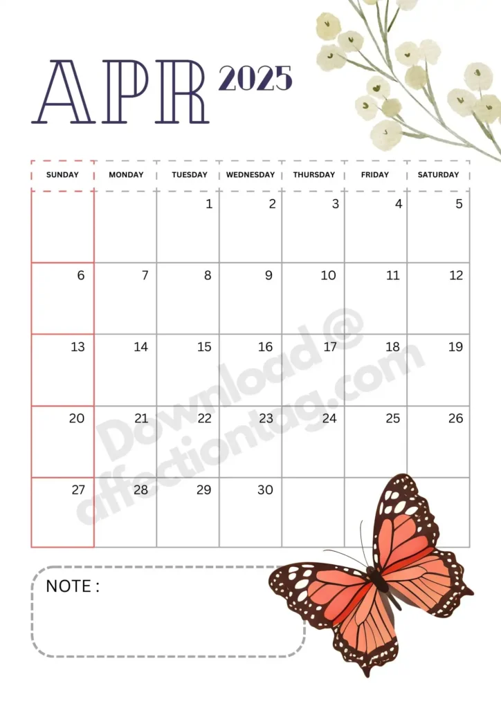 Portrait layout of April 2025 calendar with a butterfly design on the bottom-right corner and delicate floral artwork at the top-left. Includes a note section