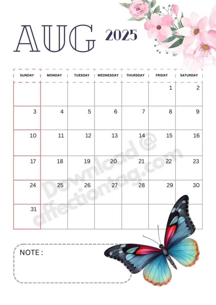 Portrait layout of August 2025 calendar with a blue and red butterfly at the bottom-right corner and pastel floral decorations at the top-left. Includes a note section.