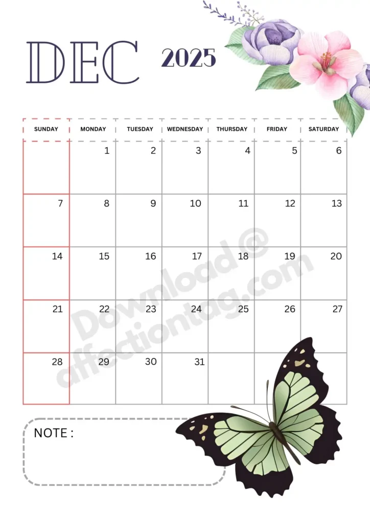 Portrait layout of December 2025 calendar showcasing a mint-green butterfly on the bottom-right corner with pastel floral artwork at the top-left. Includes a note section.