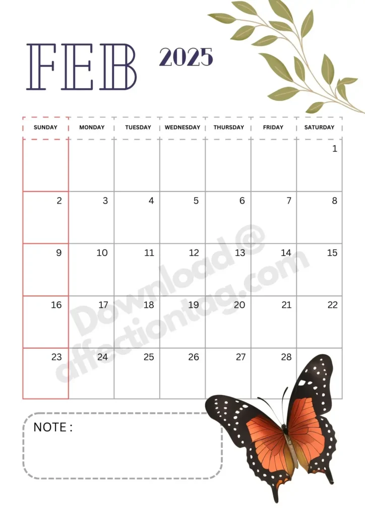 Portrait layout of February 2025 calendar featuring a vibrant orange butterfly on the bottom-right corner and olive-green leaf accents on the top-left. Includes a note section.