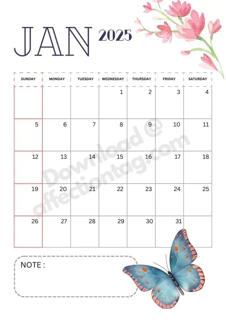 Portrait layout of January 2025 calendar adorned with a blue butterfly at the bottom-right corner and pink floral embellishments on the top-left. Includes a note section.