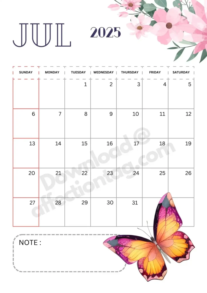 Portrait layout of July 2025 calendar featuring an orange and pink butterfly design at the bottom-right corner and vibrant floral elements at the top-left. Includes a note section.