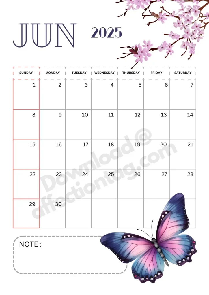 Portrait layout of June 2025 calendar decorated with a pink and purple butterfly on the bottom-right corner and cherry blossom floral accents at the top-left. Includes a note section.