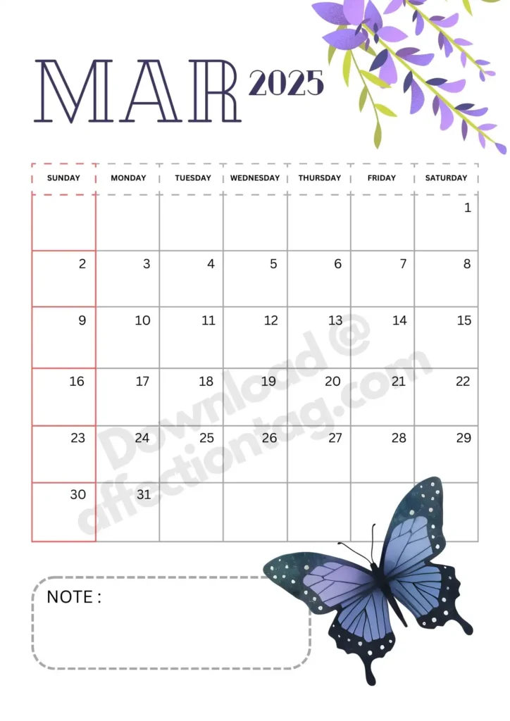 March 2025 calendar with a beautiful lavender floral design in the top right corner and a dark blue butterfly illustration at the bottom right. Includes a note section for personal use. Download available at affectiontag.com.