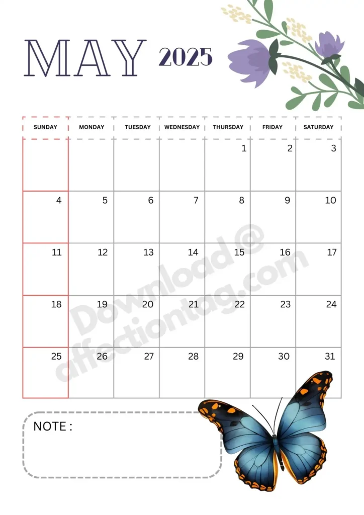 May 2025 calendar featuring soft purple flowers in the top right corner and a vibrant blue butterfly with orange accents at the bottom right. Includes a note section for personalization. Download available at affectiontag.com.