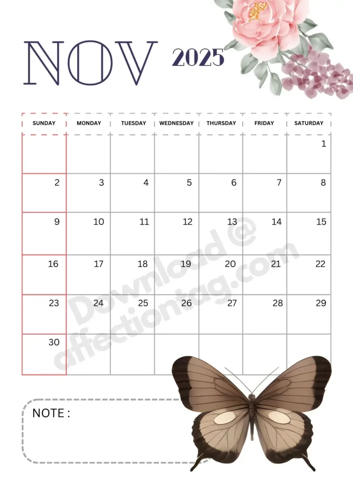 Portrait layout of November 2025 calendar with a brown butterfly design on the bottom-right corner and pastel floral decorations on the top-left. Includes a note section.