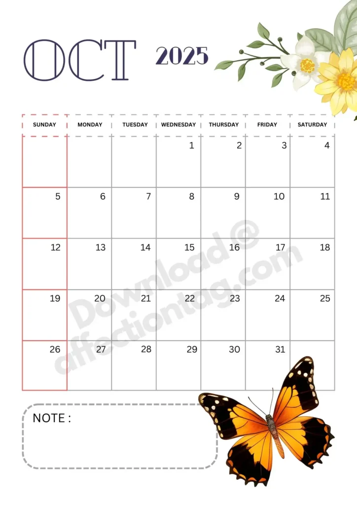 Portrait layout of October 2025 calendar showcasing an orange and black butterfly on the bottom-right corner with daisy floral elements on the top-left. Includes a note section.