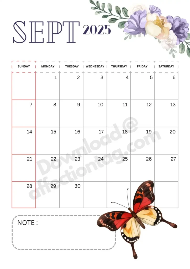 Portrait layout of September 2025 calendar featuring a vibrant butterfly illustration at the bottom-right corner and floral decorations on the top-left. Includes a note section.