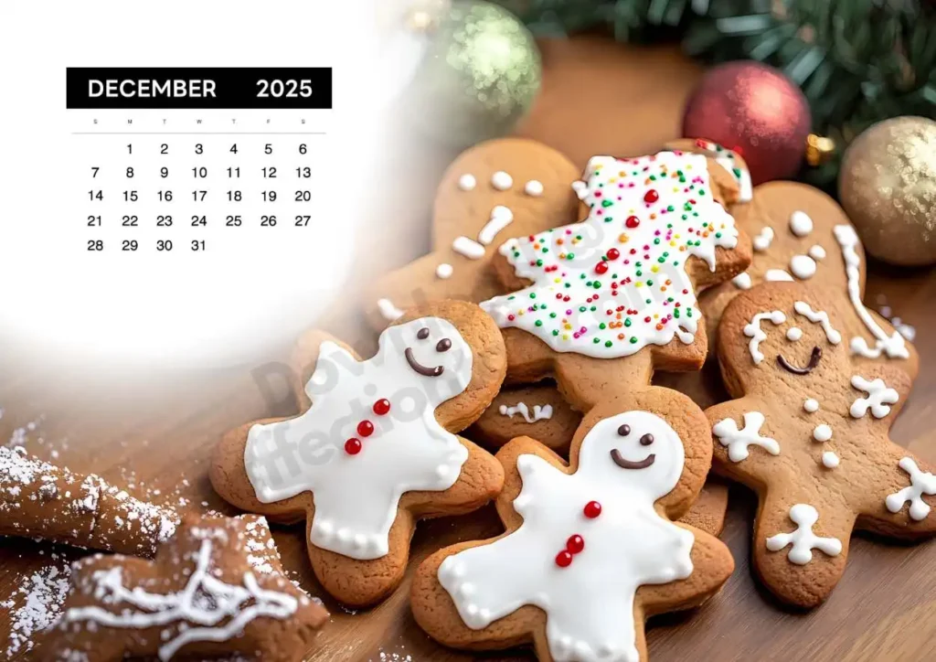 Festive gingerbread cookies decorated with icing and sprinkles, surrounded by Christmas ornaments and powdered sugar.