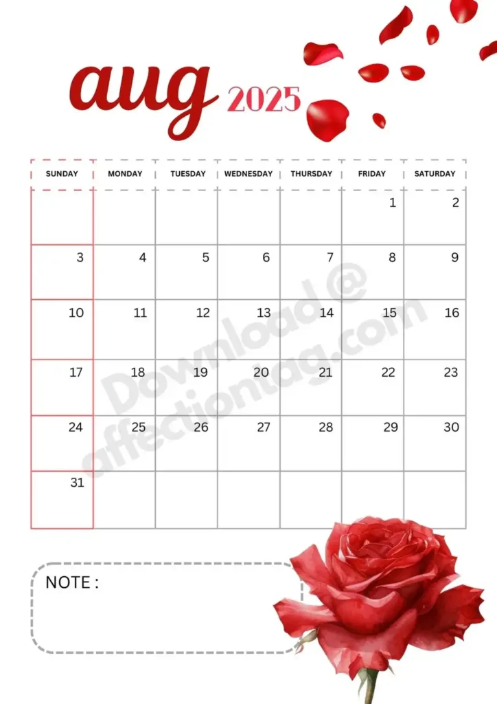 August 2025 calendar with a single red rose at the bottom and falling petals at the top, designed with a notes area.