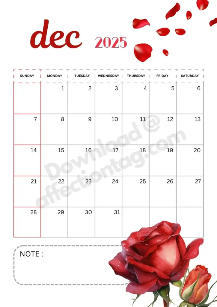 A portrait-style December 2025 calendar with a white background. The month 'Dec' is written in a red, playful font with scattered red rose petals above. The calendar grid includes space for notes at the bottom, adorned with a realistic illustration of a blooming red rose and a rosebud.