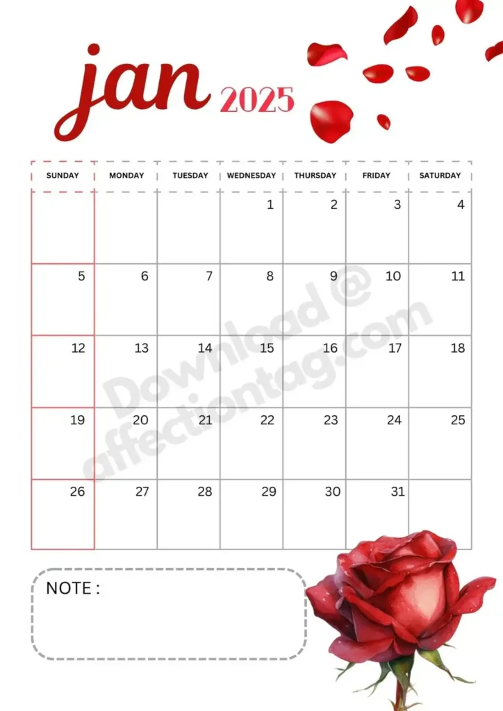 January Rose Calendar 2025 showcasing a red rose at the bottom and rose petals scattered from the top, complete with a notes section.