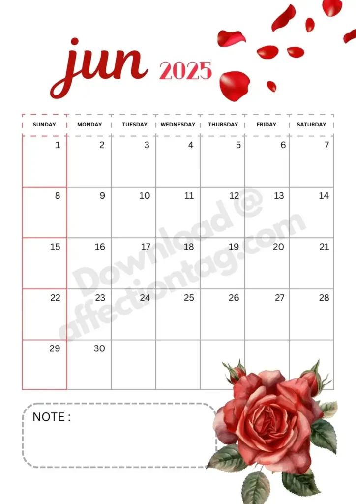 June 2025 calendar adorned with a rose at the bottom and scattered rose petals at the top, with space for notes.