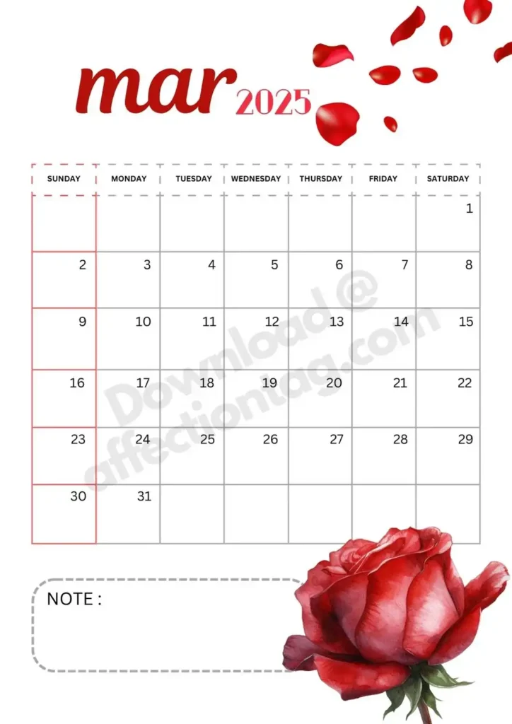 March 2025 calendar decorated with rose petals at the top and a red rose at the bottom, featuring a notes area.