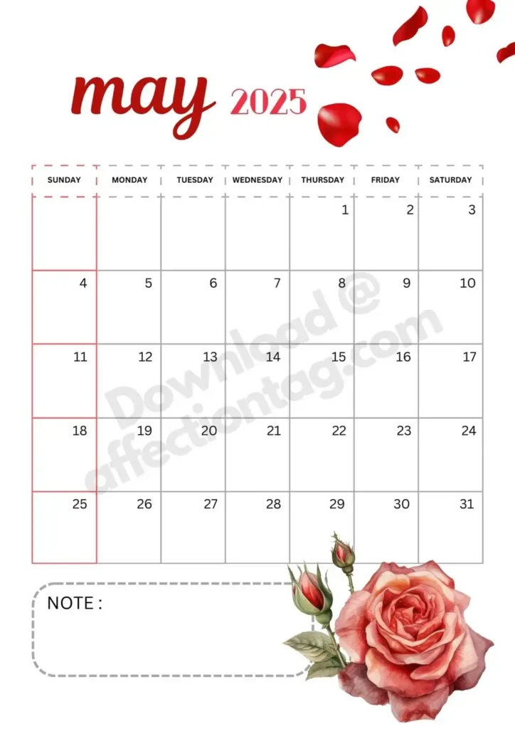 May 2025 calendar with rose petals and a red rose illustration at the bottom right, featuring a notes section.