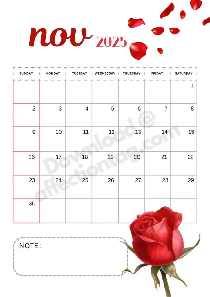 A portrait-style November 2025 calendar with a white background. The month 'Nov' is written in a red, playful font with scattered red rose petals above. The calendar grid features a note section at the bottom, highlighted by a realistic illustration of a single red rosebud.