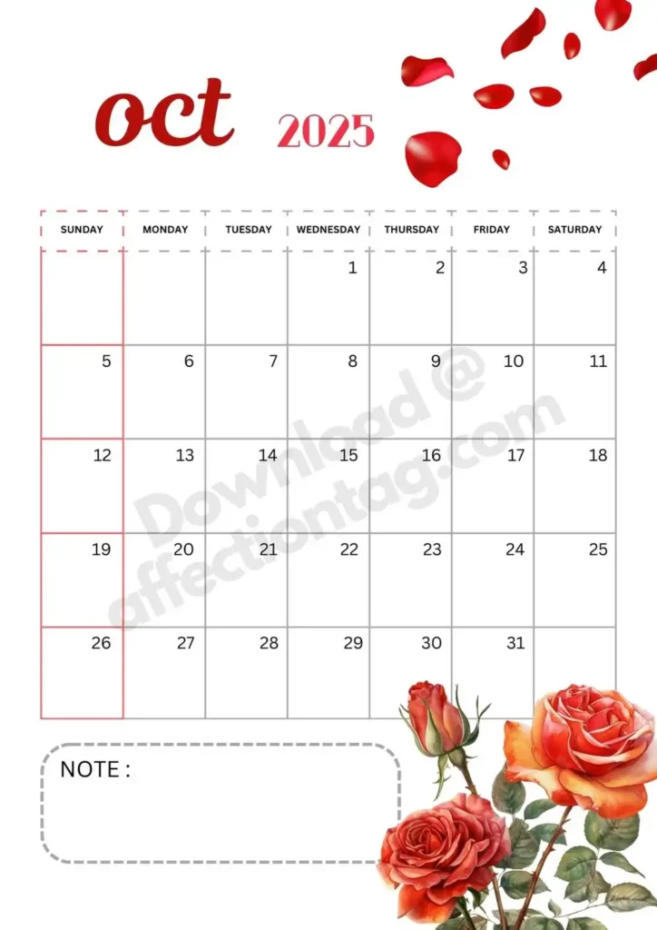 October 2025 calendar with scattered rose petals and red roses at the bottom, including a notes section.