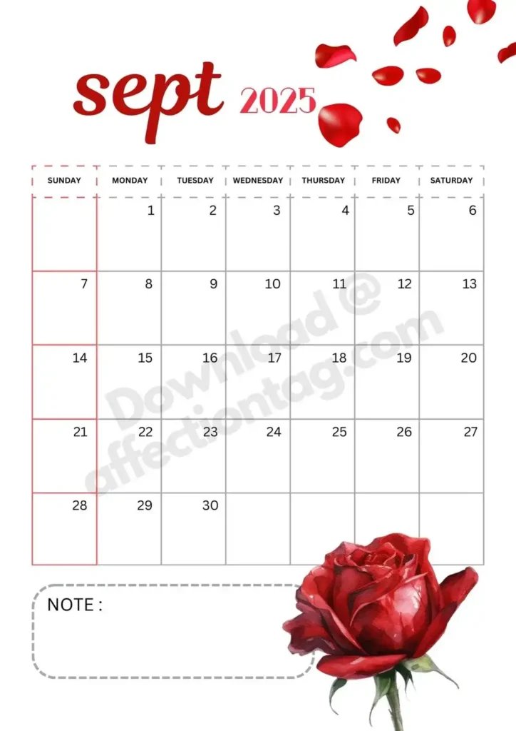 September 2025 calendar with a single red rose at the bottom, rose petals falling from the top, and a notes area.