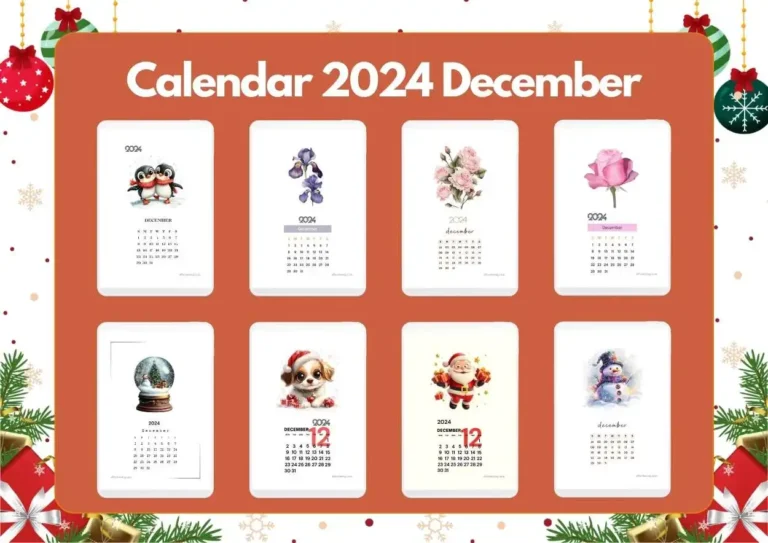 A cheerful December 2024 calendar design in a portrait layout, showcasing nine cards. Each card displays unique illustrations such as penguins, flowers (iris, roses, and a pink rose), a snow globe, a festive puppy in a Santa hat, Santa Claus with gifts, and a snowman. The background is festive with holiday-themed decorations like ornaments and wrapped gifts.