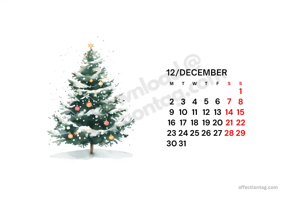 Free December 2024 landscape calendar featuring a decorated Christmas tree design, perfect for printable use © affectiontag.com