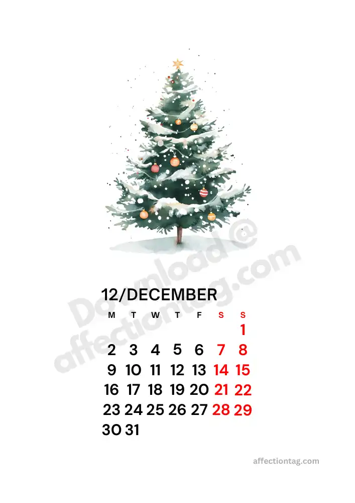 Portrait-mode December 2024 calendar featuring a decorated Christmas tree design, perfect for vertical monthly planning and printable use © affectiontag.com