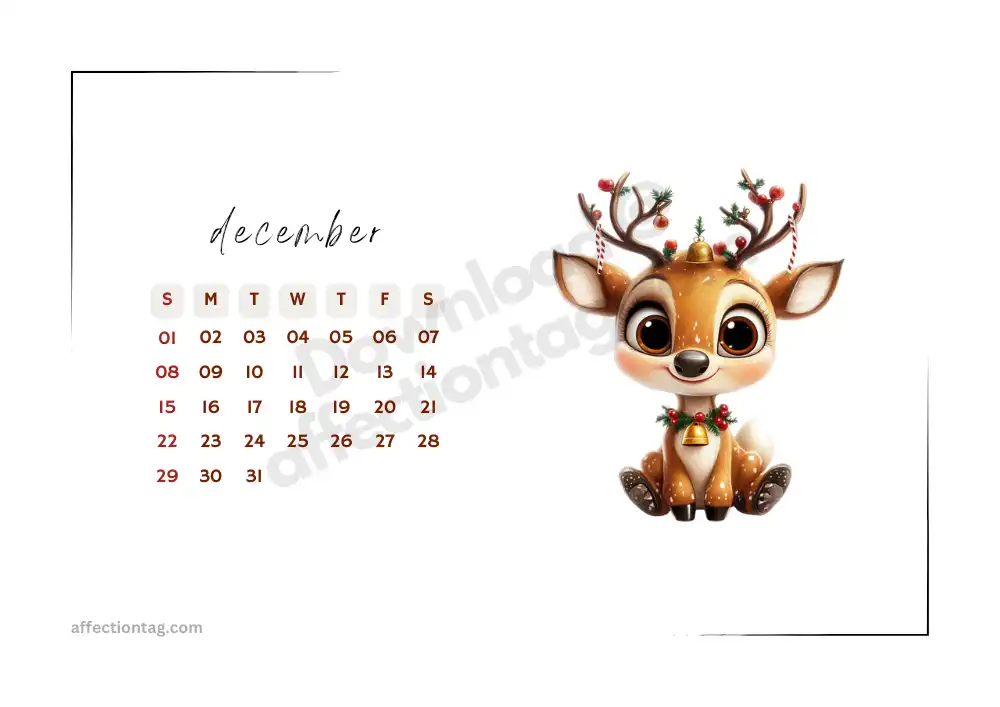 Adorable reindeer-themed December 2024 landscape calendar, ideal for festive printable planning © affectiontag.com