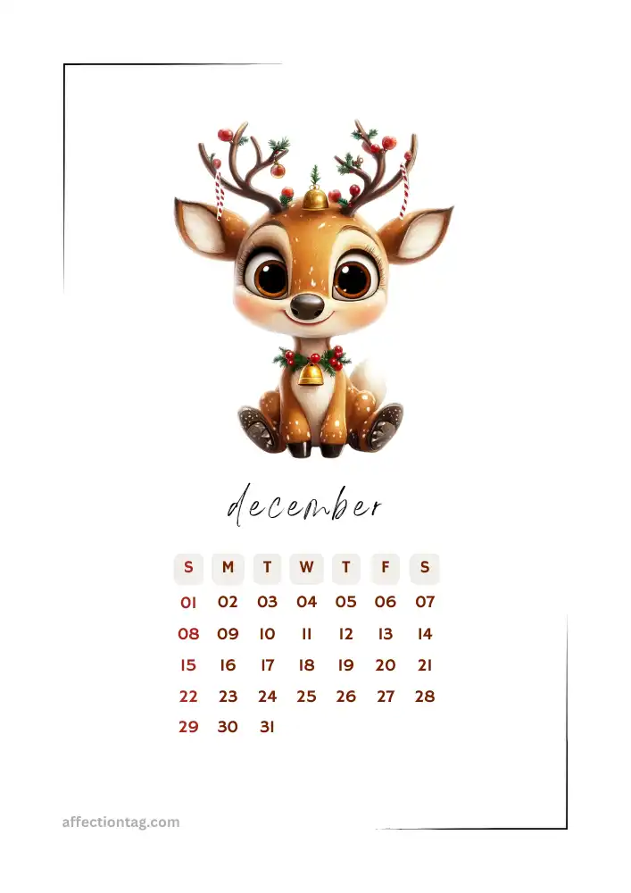 Adorable December 2024 calendar in portrait orientation with a festive reindeer theme, ideal for single-page monthly planning © affectiontag.com