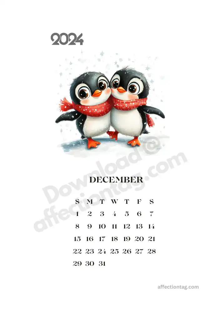 Cute penguin-themed portrait December 2024 calendar, great for holidays and festive planning © affectiontag.com