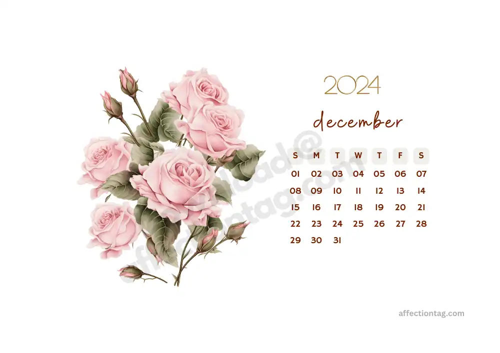 Beautiful December 2024 landscape calendar featuring a rose bouquet design, perfect for a floral touch © affectiontag.com