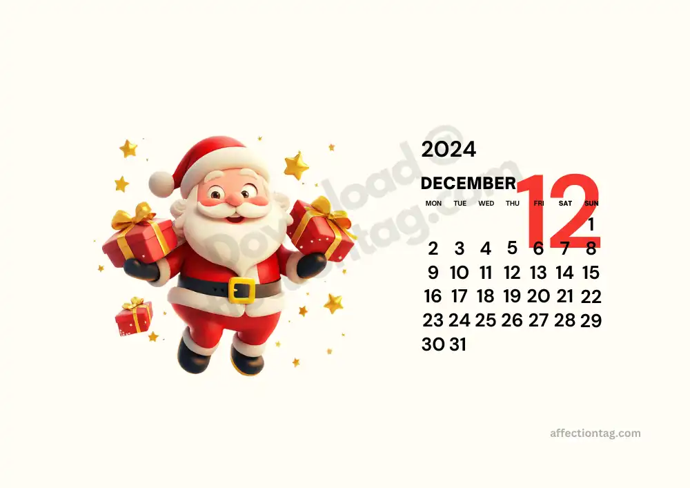 Festive December 2024 landscape calendar with a cheerful Santa Claus holding presents, perfect for printable use © affectiontag.com