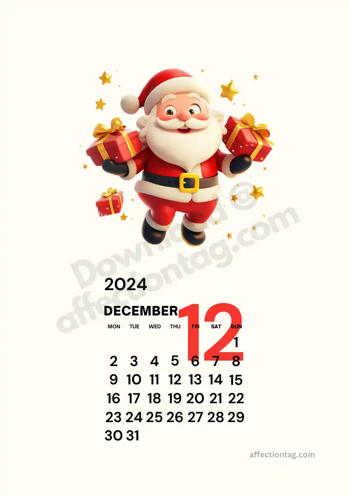 Festive portrait-mode December 2024 calendar featuring Santa Claus and presents, great for a printable monthly planner © affectiontag.com