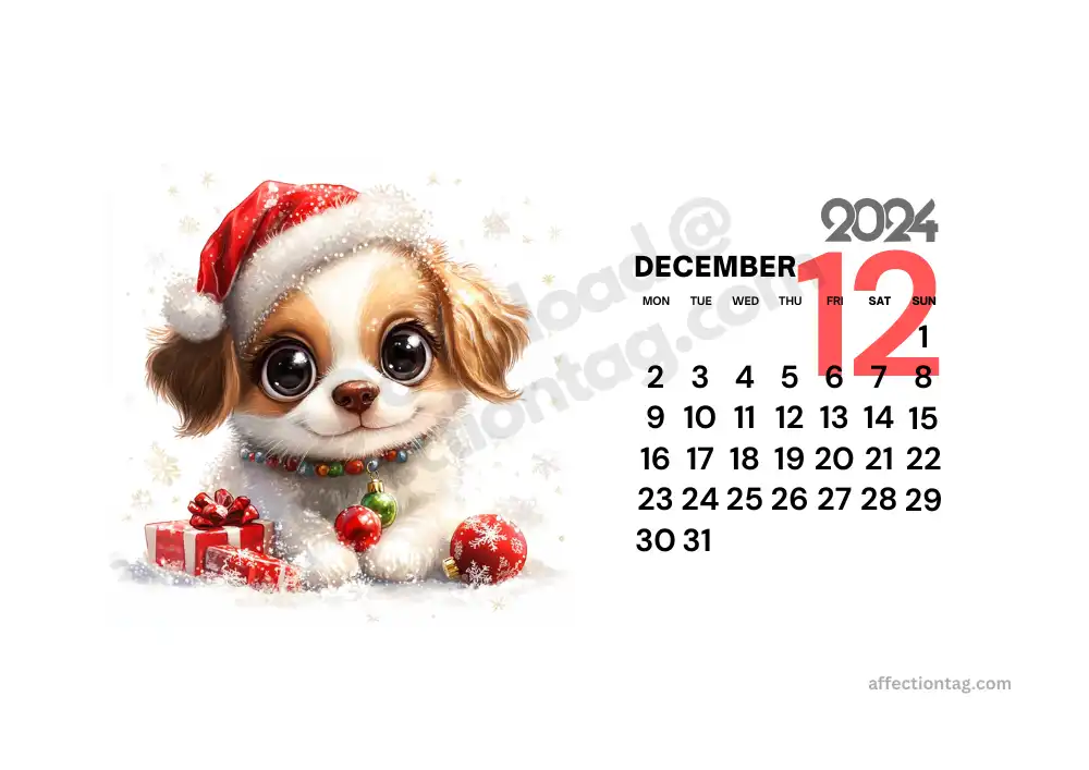 Charming December 2024 landscape calendar with a cute Santa puppy, great for holiday-themed planning © affectiontag.com