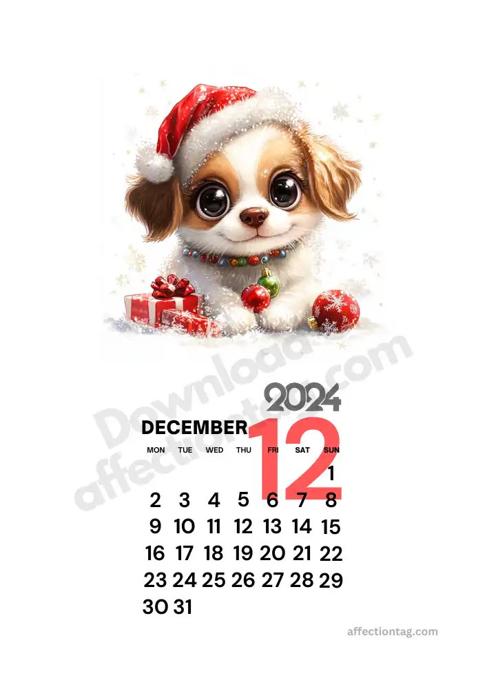 Charming portrait-style December 2024 calendar with a cute Santa puppy design, ideal for printable vertical layouts © affectiontag.com