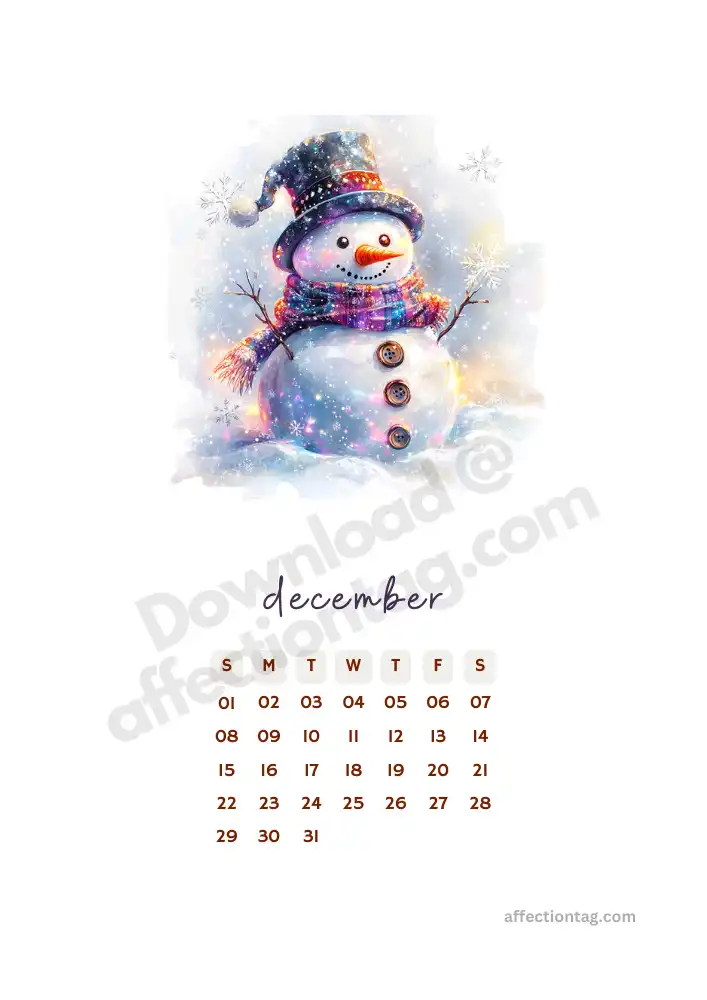 Cheerful December 2024 calendar in portrait mode with a vibrant snowman illustration, ideal for holidays and printable use © affectiontag.com