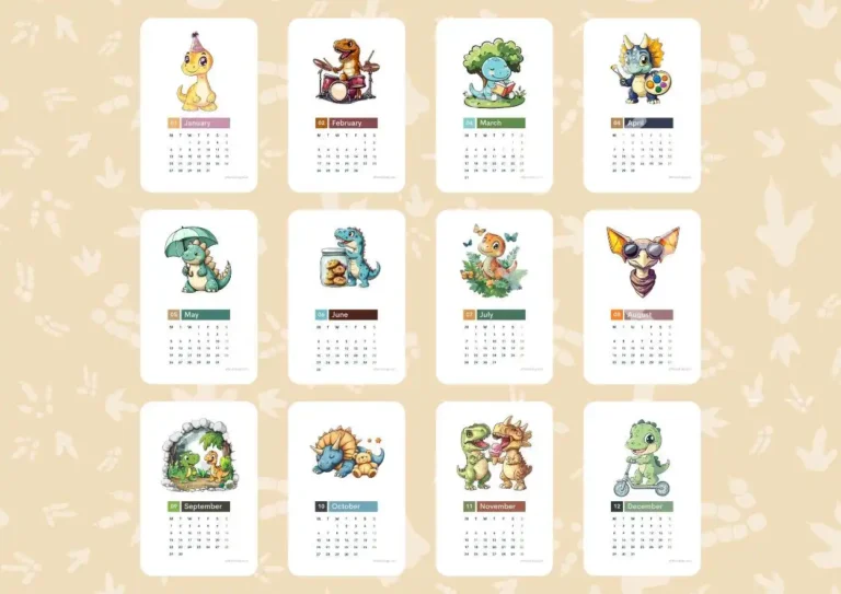 Free 2025 dinosaur calendar featuring adorable illustrations of dinosaurs for each month, including a party hat-wearing dinosaur for January, a drumming T-rex for February, and other playful dinosaur-themed scenes. ©affectiontag.com