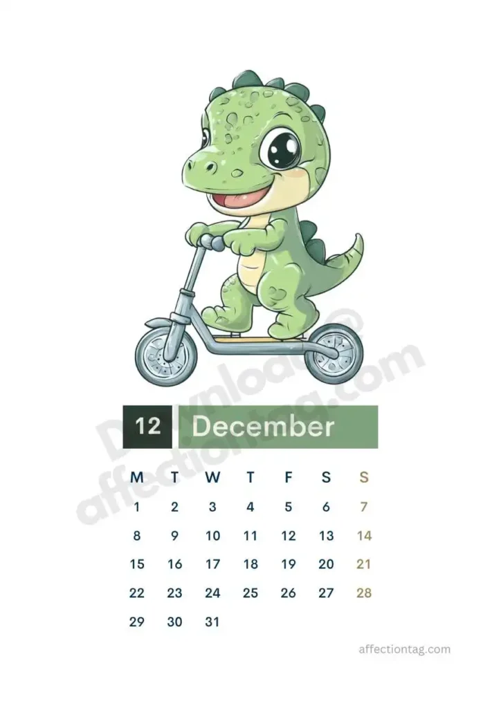 Free 2025 Dinosaur Calendar | Start Your Prehistoric Adventure 13 Free 2025 dinosaur calendar featuring a cheerful dinosaur riding a scooter. ©affectiontag.com