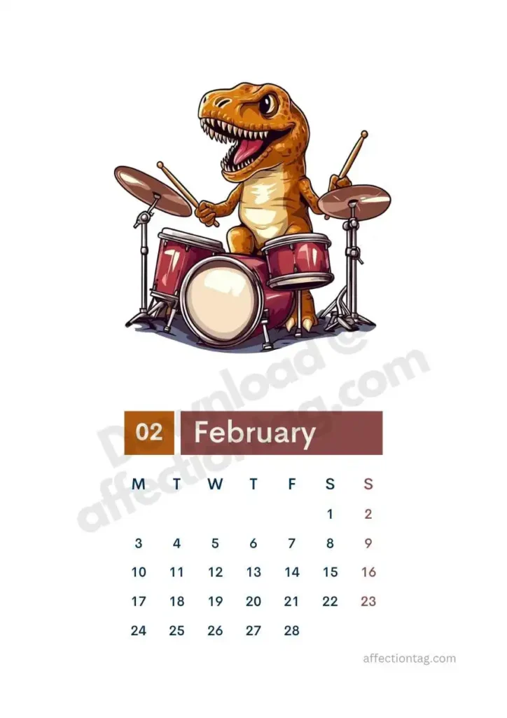 Free 2025 Dinosaur Calendar | Start Your Prehistoric Adventure 3 Free 2025 dinosaur calendar with a drumming T-rex illustration. ©affectiontag.com