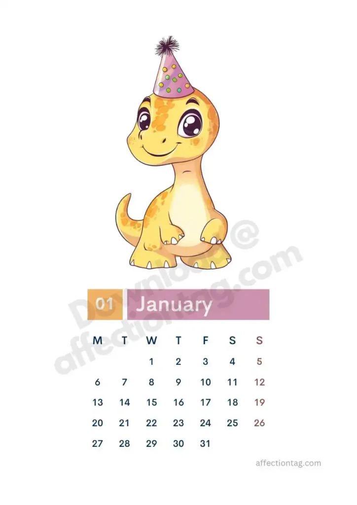 Free 2025 Dinosaur Calendar | Start Your Prehistoric Adventure 2 Free 2025 dinosaur calendar featuring a cute baby dinosaur wearing a party hat. ©affectiontag.com