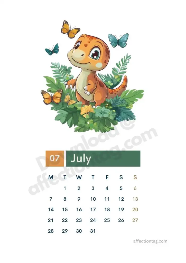 Free 2025 Dinosaur Calendar | Start Your Prehistoric Adventure 8 Free 2025 dinosaur calendar with a happy dinosaur surrounded by butterflies. ©affectiontag.com