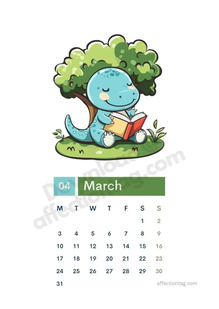 Free 2025 Dinosaur Calendar | Start Your Prehistoric Adventure 4 Free 2025 dinosaur calendar showcasing a dinosaur reading under a tree. ©affectiontag.com