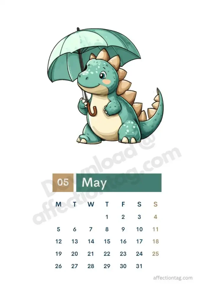 Free 2025 Dinosaur Calendar | Start Your Prehistoric Adventure 6 Free 2025 dinosaur calendar with a dinosaur holding an umbrella in a rainy setting. ©affectiontag.com