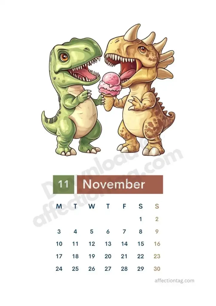 Free 2025 Dinosaur Calendar | Start Your Prehistoric Adventure 12 Free 2025 dinosaur calendar showcasing two dinosaurs sharing an ice cream cone. ©affectiontag.com